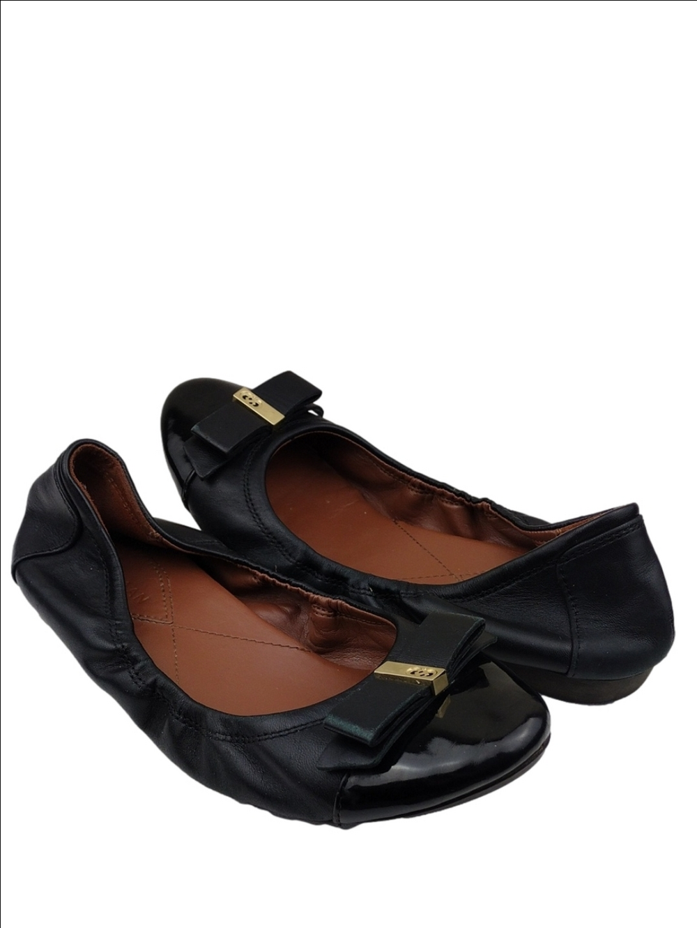 Cole Haan Tali Black Leather Patent Cap Bow Toe Upper Cushioned Ballet Flat Shoe